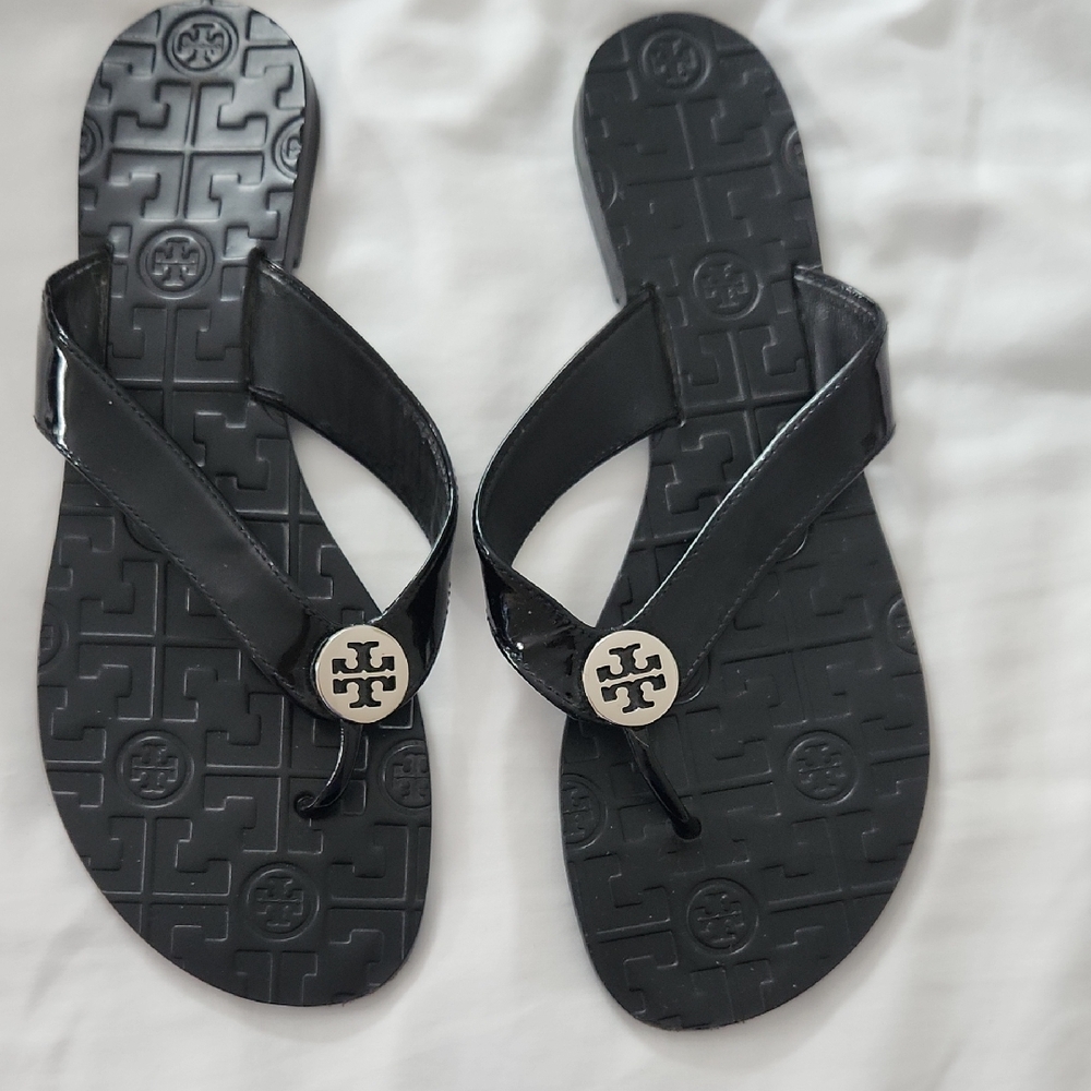 Tory Burch Black Sandals with Gold Logo